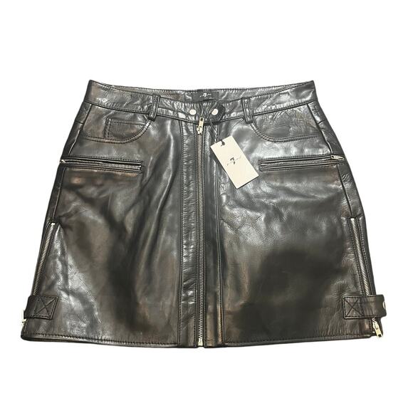 NWT 7 for all mankind genuine leather mini skirt black moto zipper AN6268H136 30 - Picture 1 of 11